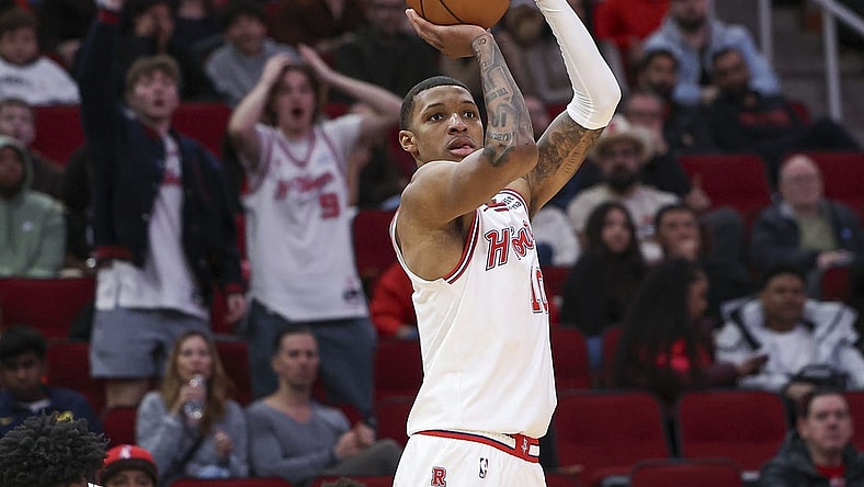 Jan 6, 2024; Houston, Texas, USA; Houston Rockets forward Jabari Smith Jr. (10) shoots the ball during the fourth quarter against the Milwaukee Bucks at Toyota Center. Mandatory Credit: Troy Taormina-USA TODAY Sports