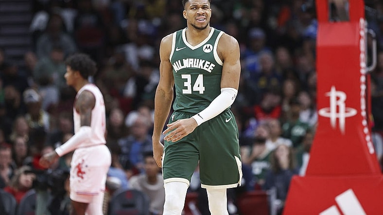 Jan 6, 2024; Houston, Texas, USA; Milwaukee Bucks forward Giannis Antetokounmpo (34) reacts after a play during the third quarter against the Houston Rockets at Toyota Center. Mandatory Credit: Troy Taormina-USA TODAY Sports