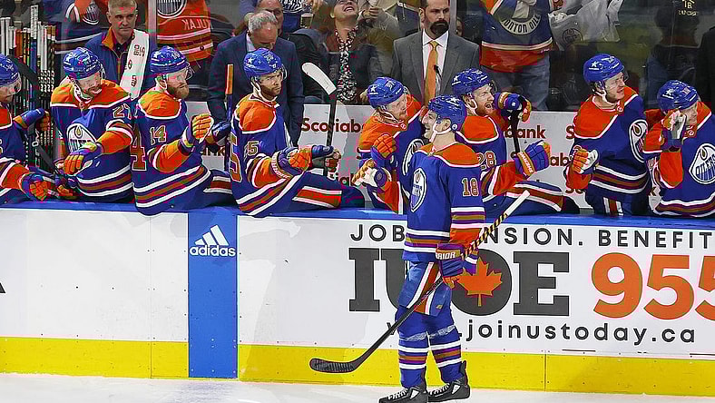 Jan 6, 2024; Edmonton, Alberta, CAN; Edmonton Oilers forward Zach Hyman (18) celebrates with teammates after scoring his  third goal of the game against the Ottawa Senators during the third period at Rogers Place. Mandatory Credit: Perry Nelson-USA TODAY Sports