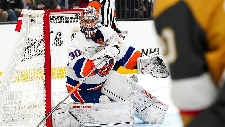 Jan 6, 2024; Las Vegas, Nevada, USA; New York Islanders goaltender Ilya Sorokin (30) recovers his stick while defending his net against the Vegas Golden Knights during the second period at T-Mobile Arena. Mandatory Credit: Stephen R. Sylvanie-USA TODAY Sports