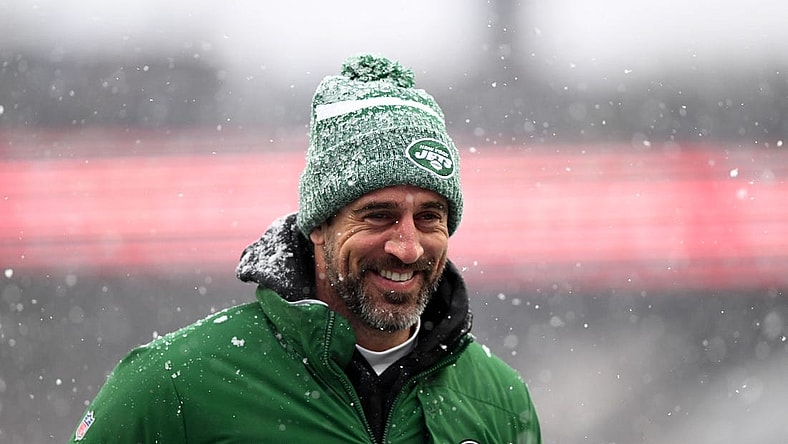 Jan 7, 2024; Foxborough, Massachusetts, USA; New York Jets quarterback Aaron Rodgers (8)  walks off of the field before a game against the New England Patriots at Gillette Stadium. Mandatory Credit: Brian Fluharty-USA TODAY Sports