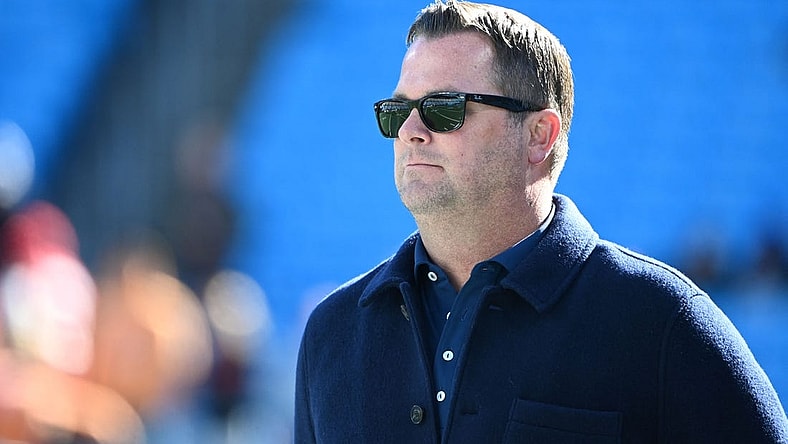 Jan 7, 2024; Charlotte, North Carolina, USA;  Carolina Panthers general manager Scott Fitterer before the game at Bank of America Stadium. Mandatory Credit: Bob Donnan-USA TODAY Sports