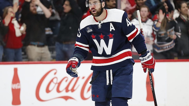 Jan 7, 2024; Washington, District of Columbia, USA; Washington Capitals right wing Tom Wilson (43) looks on after the game against the Los Angeles Kings at Capital One Arena. Mandatory Credit: Amber Searls-USA TODAY Sports