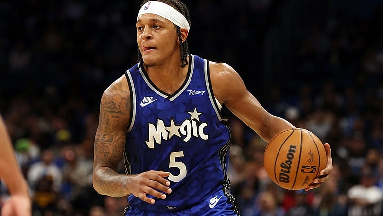 Jan 7, 2024; Orlando, Florida, USA; Orlando Magic forward Paolo Banchero (5) drives to the basket against the Atlanta Hawks during the second half at Kia Center. Mandatory Credit: Kim Klement Neitzel-USA TODAY Sports