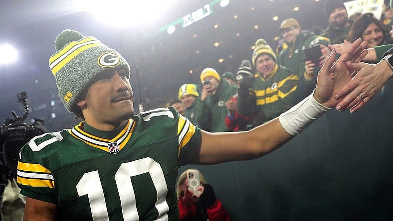 Green Bay Packers quarterback Jordan Love (10) shakes hands with fans following the Packers victory over the Chicago Bears during their football game Sunday, January 7, 2024, at Lambeau Field in Green Bay, Wis. The Packers defeated the Bears 17-9.