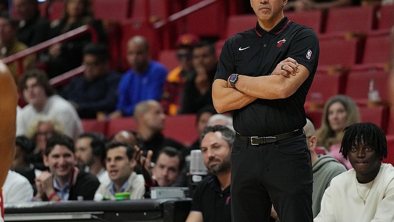 Jan 8, 2024; Miami, Florida, USA;  Miami Heat head coach Erik Spoelstra looks on during the game against the Houston Rockets during the first half at Kaseya Center. Mandatory Credit: Jim Rassol-USA TODAY Sports