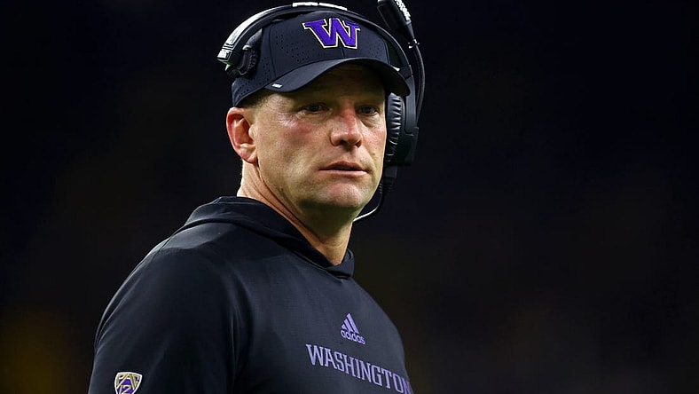 Jan 8, 2024; Houston, TX, USA; Washington Huskies head coach Kalen DeBoer looks on against the Michigan Wolverines late in the fourth quarter in the 2024 College Football Playoff national championship game at NRG Stadium. Mandatory Credit: Mark J. Rebilas-USA TODAY Sports
