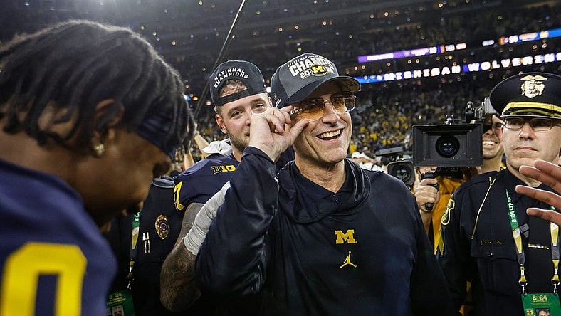 Michigan head coach Jim Harbaugh celebrates after a 34-13 win over Washington to win the national championship at NRG Stadium in Houston on Monday, Jan. 8, 2024.