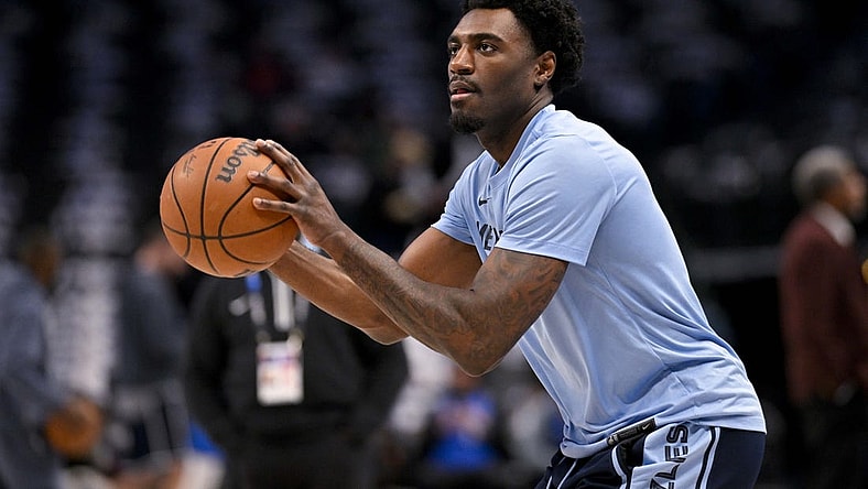 Jan 9, 2024; Dallas, Texas, USA; Memphis Grizzlies guard Vince Williams Jr. (5) warms up before the game between the Dallas Mavericks and the Memphis Grizzlies at the American Airlines Center. Mandatory Credit: Jerome Miron-USA TODAY Sports