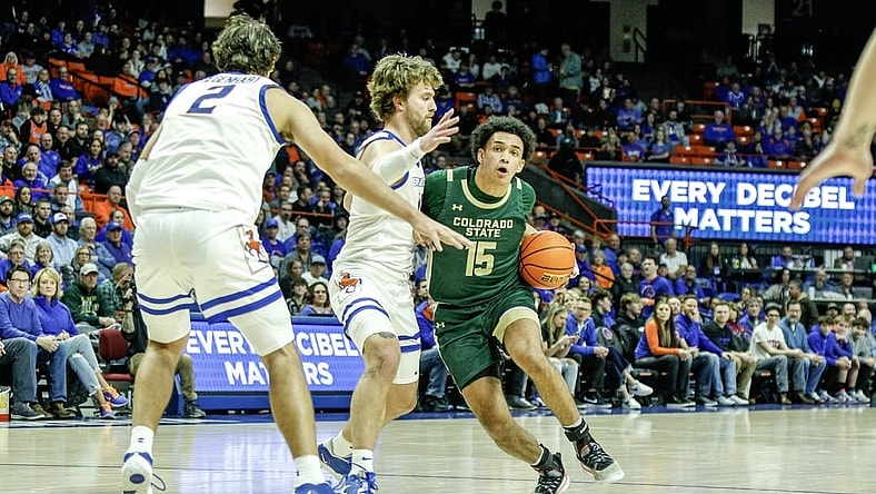 Jan 9, 2024; Boise, Idaho, USA; Colorado State Rams guard Jalen Lake (15) drives the ball against against the Boise State Broncos during the first half at ExtraMile Arena. Mandatory Credit: Brian Losness-USA TODAY Sports
