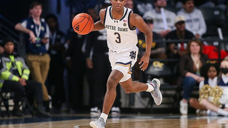 Jan 9, 2024; Atlanta, Georgia, USA; Notre Dame Fighting Irish guard Markus Burton (3) dribbles against the Georgia Tech Yellow Jackets in the first half at McCamish Pavilion. Mandatory Credit: Brett Davis-USA TODAY Sports