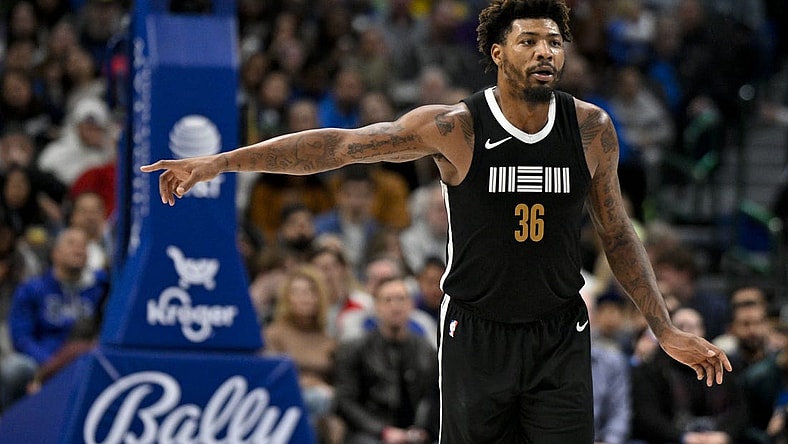 Jan 9, 2024; Dallas, Texas, USA; Memphis Grizzlies guard Marcus Smart (36) celebrates after he makes a three point shot against the Dallas Mavericks during the second half at the American Airlines Center. Mandatory Credit: Jerome Miron-USA TODAY Sports