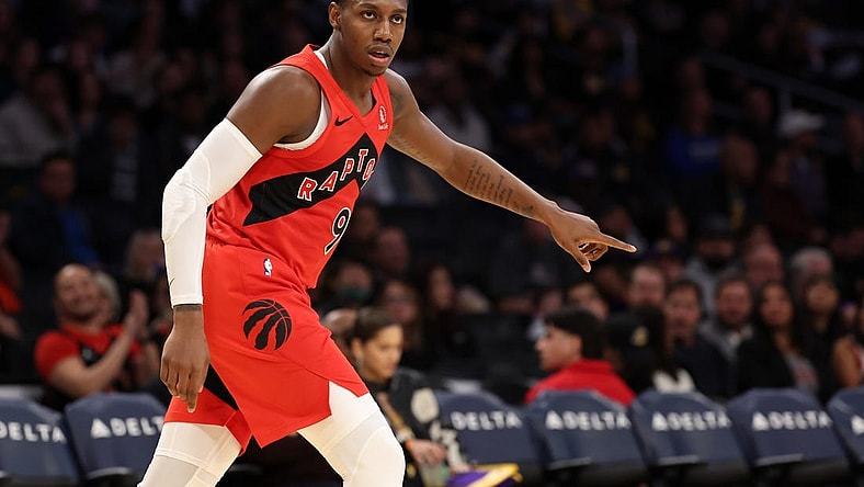 Jan 9, 2024; Los Angeles, California, USA;  Toronto Raptors guard RJ Barrett (9) reacts after making a basket during the third quarter against the Los Angeles Lakers at Crypto.com Arena. Mandatory Credit: Kiyoshi Mio-USA TODAY Sports