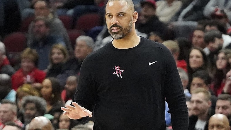 Jan 10, 2024; Chicago, Illinois, USA; Houston Rockets head coach Ime Udoka gestures to his team during the first quarter at United Center. Mandatory Credit: David Banks-USA TODAY Sports