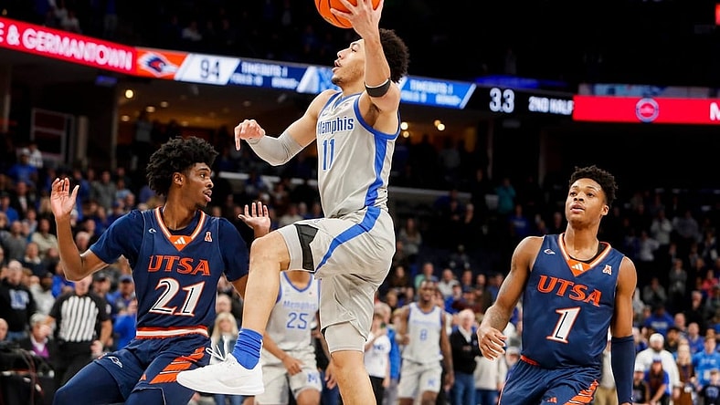 Memphis' Jahvon Quinerly (11) goes for a layup during the game between the University of Texas at San Antonio and the University of Memphis at FedExForum in Memphis, Tenn., on Wednesday, January 10, 2024.