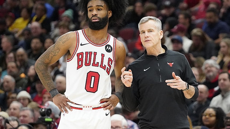 Jan 10, 2024; Chicago, Illinois, USA; Chicago Bulls guard Coby White (0) talks with head coach Billy Donovan during the second half at United Center. Mandatory Credit: David Banks-USA TODAY Sports