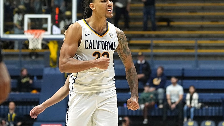 Jan 10, 2024; Berkeley, California, USA; California Golden Bears guard Jaylon Tyson (20) gestures towards the bench during the second half against the Colorado Buffaloes at Haas Pavilion. Mandatory Credit: Darren Yamashita-USA TODAY Sports
