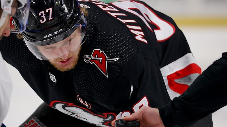 Jan 11, 2024; Buffalo, New York, USA;  Buffalo Sabres center Casey Mittelstadt (37) waits for the face-off during the first period against the Ottawa Senators at KeyBank Center. Mandatory Credit: Timothy T. Ludwig-USA TODAY Sports