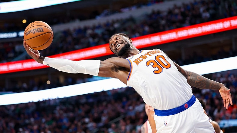 Jan 11, 2024; Dallas, Texas, USA;  New York Knicks forward Julius Randle (30) grabs a rebound during the first half against the Dallas Mavericks at American Airlines Center. Mandatory Credit: Kevin Jairaj-USA TODAY Sports