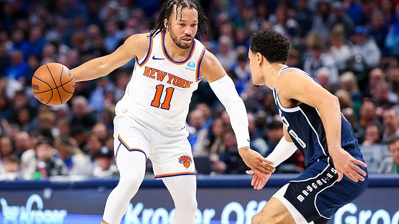 Jan 11, 2024; Dallas, Texas, USA;  New York Knicks guard Jalen Brunson (11) dribbles as Dallas Mavericks guard Josh Green (8) defends during the first half at American Airlines Center. Mandatory Credit: Kevin Jairaj-USA TODAY Sports