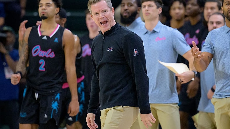 Jan 11, 2024; New Orleans, Louisiana, USA; Florida Atlantic Owls head coach Dusty May reacts during the first half against the Tulane Green Wave at Avron B. Fogelman Arena in Devlin Fieldhouse. Mandatory Credit: Matthew Hinton-USA TODAY Sports