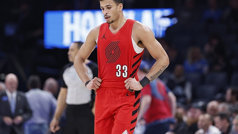 Jan 11, 2024; Oklahoma City, Oklahoma, USA; Portland Trail Blazers forward Toumani Camara (33) between plays against the Oklahoma City Thunder during the second half at Paycom Center. Mandatory Credit: Alonzo Adams-USA TODAY Sports
