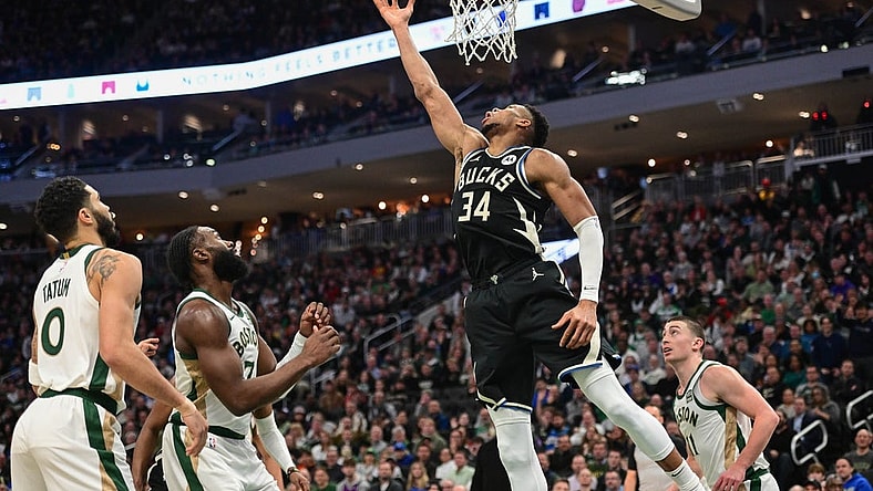 Jan 11, 2024; Milwaukee, Wisconsin, USA; Milwaukee Bucks forward Giannis Antetokounmpo (34) takes a shot in the second quarter against the Boston Celtics at Fiserv Forum. Mandatory Credit: Benny Sieu-USA TODAY Sports