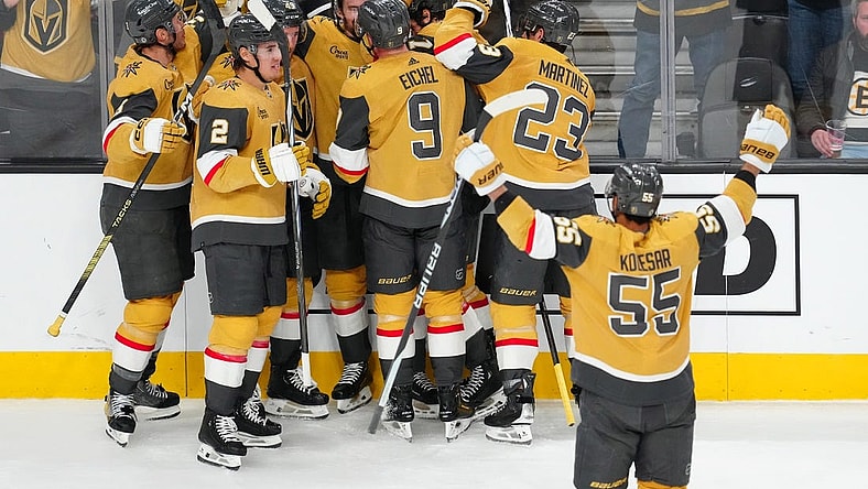 Jan 11, 2024; Las Vegas, Nevada, USA; Vegas Golden Knights players celebrate after Vegas Golden Knights defenseman Alex Pietrangelo (7) scored a goal against the Boston Bruins in overtime to give the Golden Knights a 2-1 victory at T-Mobile Arena. Mandatory Credit: Stephen R. Sylvanie-USA TODAY Sports