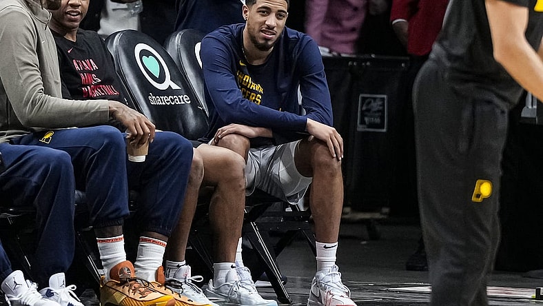 Jan 12, 2024; Atlanta, Georgia, USA; Indiana Pacers guard Tyrese Haliburton (0) on the sidelines before the game against the Atlanta Hawks at State Farm Arena. Mandatory Credit: Dale Zanine-USA TODAY Sports