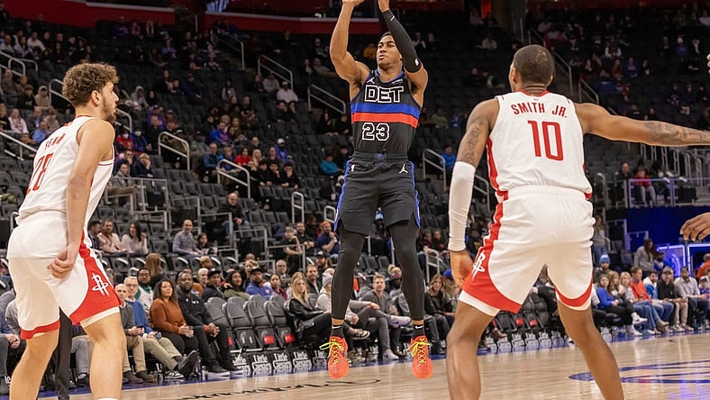 Jan 12, 2024; Detroit, Michigan, USA; Detroit Pistons guard Jaden Ivey (23) shoots the ball against the Houston Rockets during the first half at Little Caesars Arena. Mandatory Credit: David Reginek-USA TODAY Sports