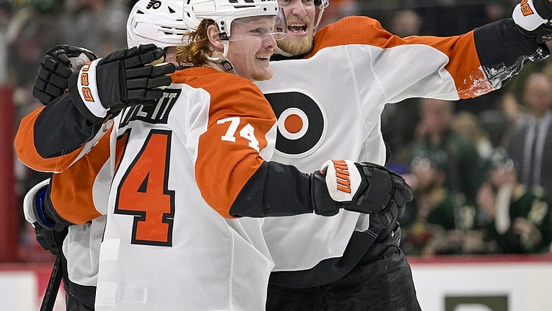 Jan 12, 2024; Saint Paul, Minnesota, USA; Philadelphia Flyers forward Owen Tippett (74) celebrates his goal against the Minnesota Wild during the third period with defenseman Travis Sanheim (6) at Xcel Energy Center. Mandatory Credit: Nick Wosika-USA TODAY Sports