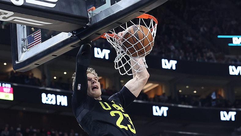 Jan 12, 2024; Salt Lake City, Utah, USA; Utah Jazz forward Lauri Markkanen (23) dunks the ball against the Toronto Raptors during the second quarter at Delta Center. Mandatory Credit: Rob Gray-USA TODAY Sports