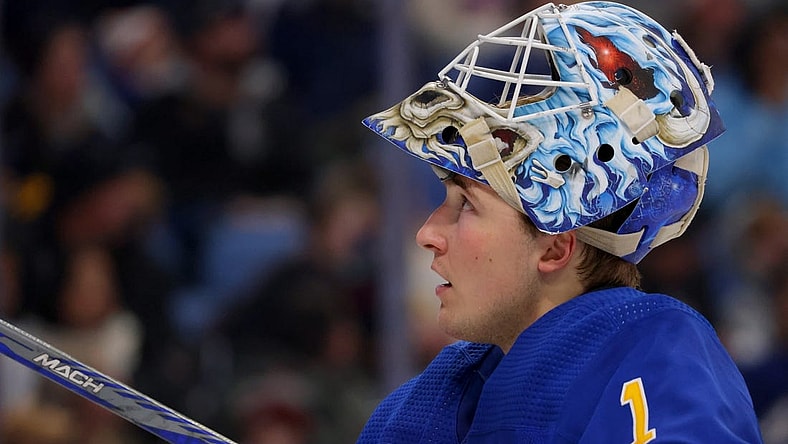Jan 13, 2024; Buffalo, New York, USA;  Buffalo Sabres goaltender Ukko-Pekka Luukkonen (1) during a stoppage in play against the Vancouver Canucks during the third period at KeyBank Center. Mandatory Credit: Timothy T. Ludwig-USA TODAY Sports