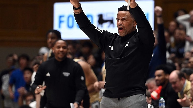 Jan 13, 2024; Durham, North Carolina, USA; Georgia Tech Yellow Jackets coach Damon Stoudamire directs his team during the second half against the Duke Blue Devils at Cameron Indoor Stadium.  The Blue Devils won 84-79. Mandatory Credit: Rob Kinnan-USA TODAY Sports