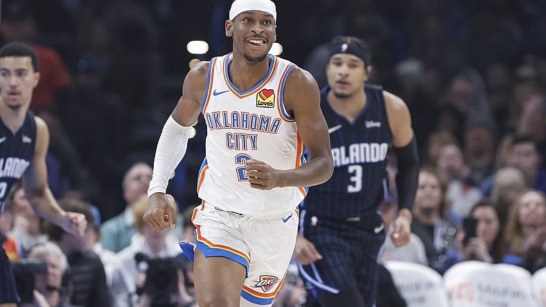 Jan 13, 2024; Oklahoma City, Oklahoma, USA; Oklahoma City Thunder guard Shai Gilgeous-Alexander (2) smiles after scoring against the Orlando Magic during the first quarter at Paycom Center. Mandatory Credit: Alonzo Adams-USA TODAY Sports