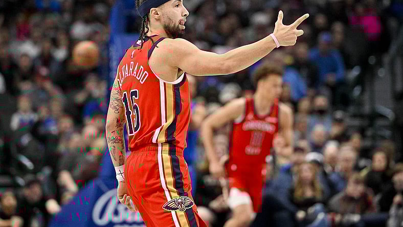 Jan 13, 2024; Dallas, Texas, USA; New Orleans Pelicans forward Larry Nance Jr. (22) celebrates making a three point basket against the Dallas Mavericks during the first quarter at the American Airlines Center. Mandatory Credit: Jerome Miron-USA TODAY Sports