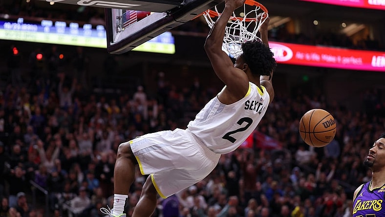 Jan 13, 2024; Salt Lake City, Utah, USA; Utah Jazz guard Collin Sexton (2) dunks the ball against the Los Angeles Lakers during the fourth quarter at Delta Center. Mandatory Credit: Rob Gray-USA TODAY Sports