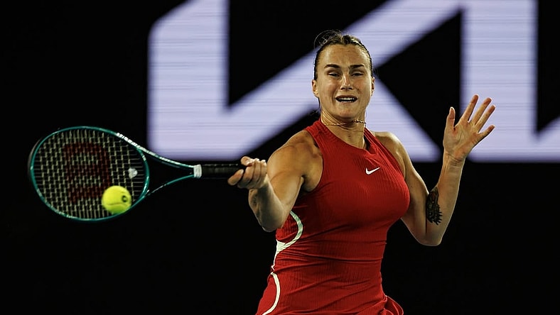 Jan 14, 2024; Melbourne, Victoria, Australia;  Aryna Sabalenka of Russia hits a shot at the Australian Open. Mandatory Credit: Mike Frey-USA TODAY Sports
