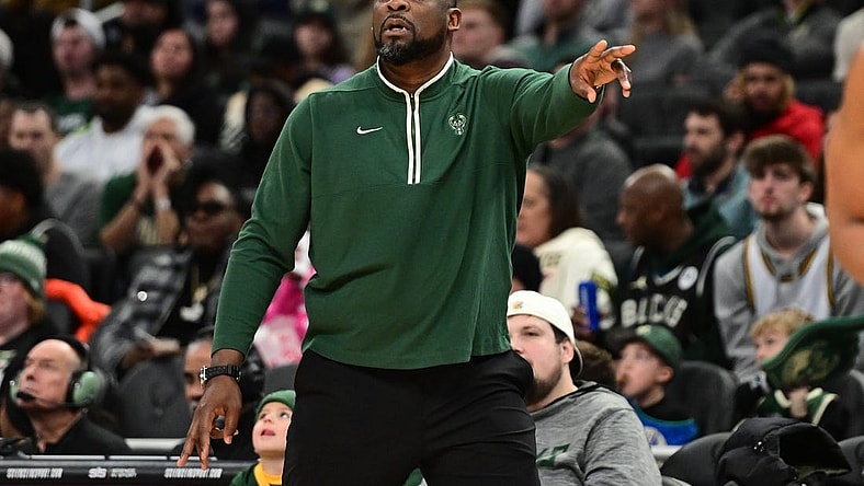 Jan 14, 2024; Milwaukee, Wisconsin, USA; Milwaukee Bucks head coach Adrian Griffin calls a play in the fourth quarter against the Sacramento Kings at Fiserv Forum. Mandatory Credit: Benny Sieu-USA TODAY Sports