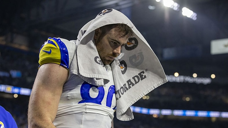 Jan 14, 2024; Detroit, Michigan, USA; Los Angeles Rams tight end Tyler Higbee (89) leaves the field after losing a 2024 NFC wild card game against the Detroit Lions at Ford Field. Mandatory Credit: David Reginek-USA TODAY Sports