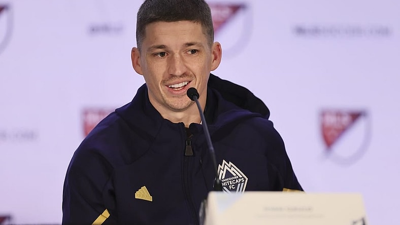 Jan 11, 2024; Miami, FL, USA; Vancouver Whitecaps FC forward Ryan Gauld speaks during MLS Media Day at Miami Beach Convention Center. Mandatory Credit: Sam Navarro-USA TODAY Sports