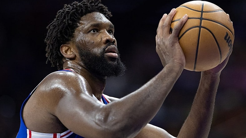 Jan 15, 2024; Philadelphia, Pennsylvania, USA; Philadelphia 76ers center Joel Embiid (21) shoots a foul shot against the Houston Rockets during the second quarter at Wells Fargo Center. Mandatory Credit: Bill Streicher-USA TODAY Sports