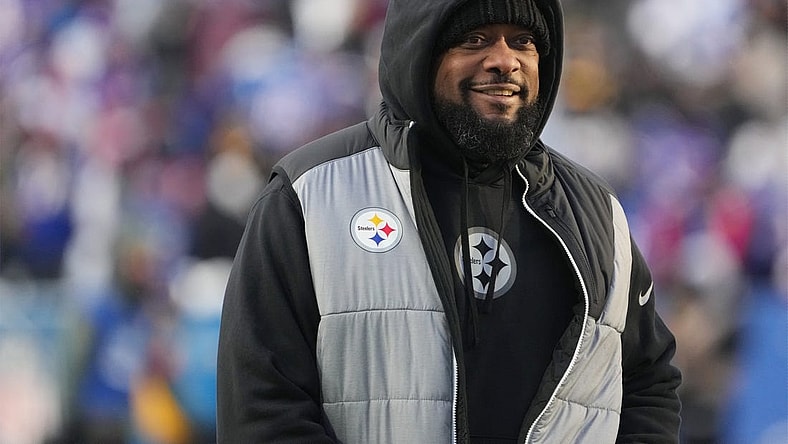 Jan 15, 2024; Orchard Park, New York, USA; Pittsburgh Steelers head coach Mike Tomlin walks the field before the game against the Buffalo Bills in a 2024 AFC wild card game at Highmark Stadium. Mandatory Credit: Kirby Lee-USA TODAY Sports