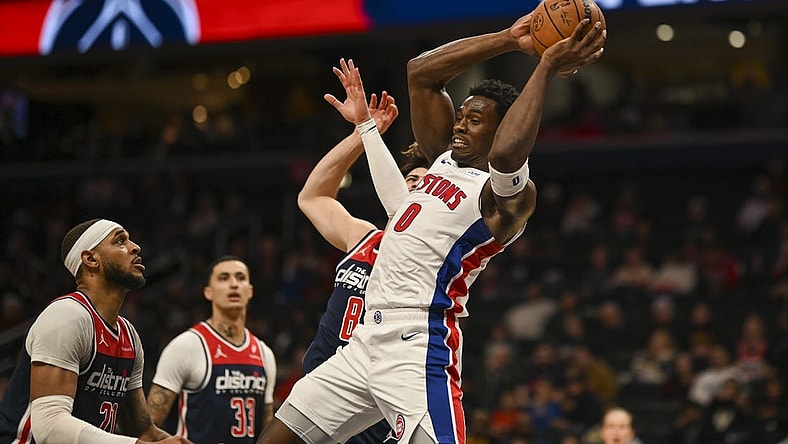 Jan 15, 2024; Washington, District of Columbia, USA;  Detroit Pistons center Jalen Duren (0) looks to pass during the second  half against the Washington Wizardsm at Capital One Arena. Mandatory Credit: Tommy Gilligan-USA TODAY Sports