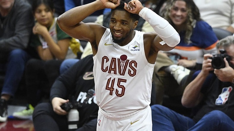 Jan 15, 2024; Cleveland, Ohio, USA; Cleveland Cavaliers guard Donovan Mitchell (45) reacts in the fourth quarter against the Chicago Bulls at Rocket Mortgage FieldHouse. Mandatory Credit: David Richard-USA TODAY Sports
