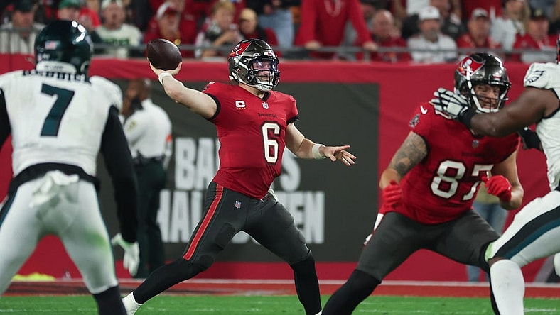 Jan 15, 2024; Tampa, Florida, USA; Tampa Bay Buccaneers quarterback Baker Mayfield (6) throws against the Philadelphia Eagles during the first half of a 2024 NFC wild card game at Raymond James Stadium. Mandatory Credit: Kim Klement Neitzel-USA TODAY Sports