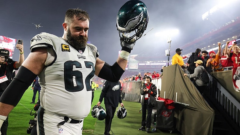 Jan 15, 2024; Tampa, Florida, USA; Philadelphia Eagles center Jason Kelce (62) thanks the fans as he leaves the field after a 2024 NFC wild card game against the Tampa Bay Buccaneers at Raymond James Stadium. Mandatory Credit: Nathan Ray Seebeck-USA TODAY Sports