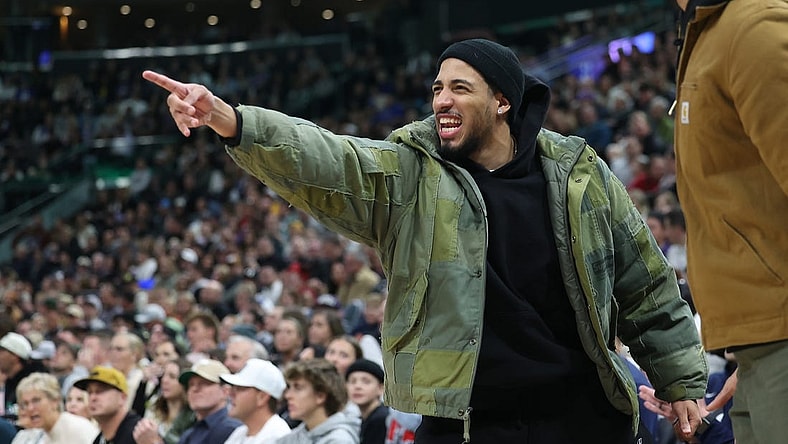 Jan 15, 2024; Salt Lake City, Utah, USA; Indiana Pacers guard Tyrese Haliburton reacts to a play against the Utah Jazz during the first quarter at Delta Center. Mandatory Credit: Rob Gray-USA TODAY Sports
