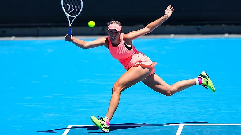 Jan 16, 2024; Melbourne, Victoria, Australia; Danielle Collins of the United States plays a shot against Angelique Kerber (not pictured) of Germany in Round 1 of the Women's Singles on Day 3 of the Australian Open tennis at Rod Laver Arena. Mandatory Credit: Mike Frey-USA TODAY Sports