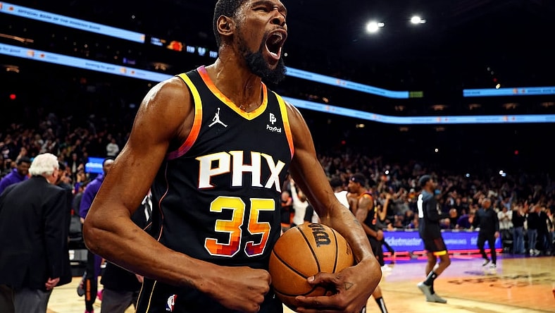 Jan 16, 2024; Phoenix, Arizona, USA; Phoenix Suns forward Kevin Durant (35) celebrates after beating the Sacramento Kings 119-117 at Footprint Center. Mandatory Credit: Mark J. Rebilas-USA TODAY Sports